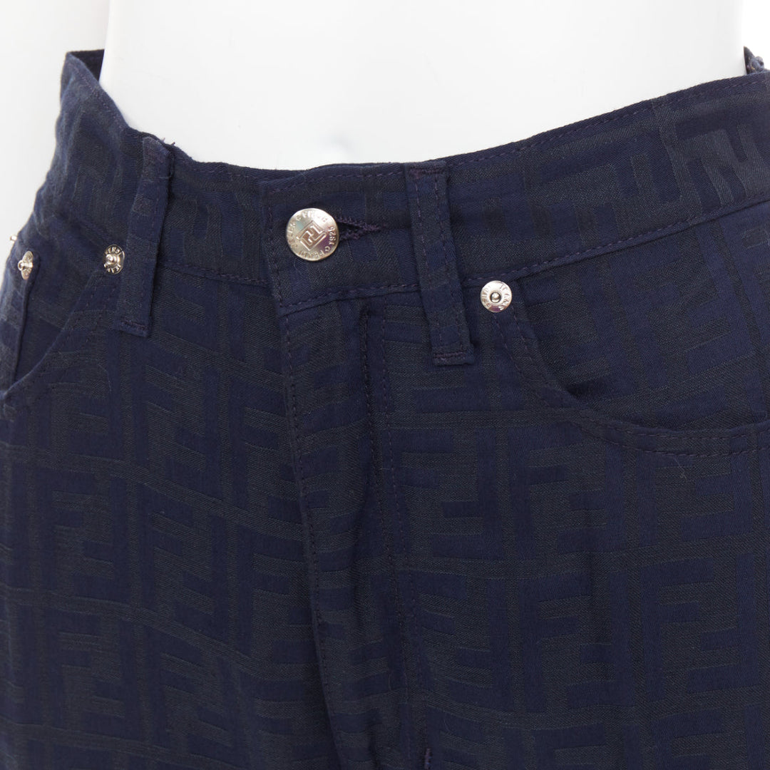 FENDI JEANS 1990s Vintage navy grey FF Zucca Monogram jacquard straight jean 29"