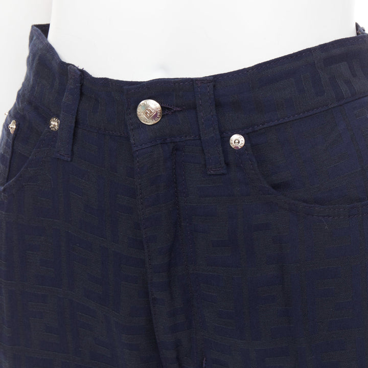FENDI JEANS 1990s Vintage navy grey FF Zucca Monogram jacquard straight jean 29"