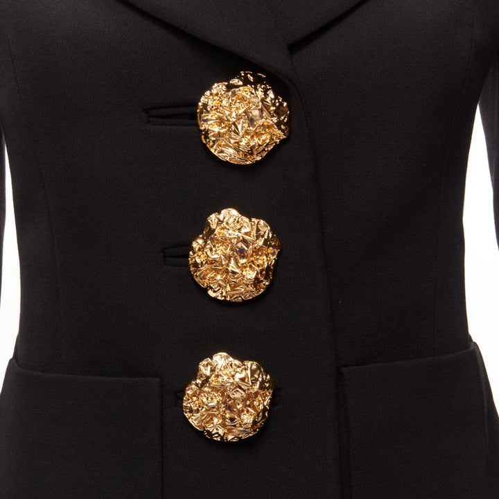 SAINT LAURENT 2023 black wool gold floral buttons 80s power blazer FR34 XS
