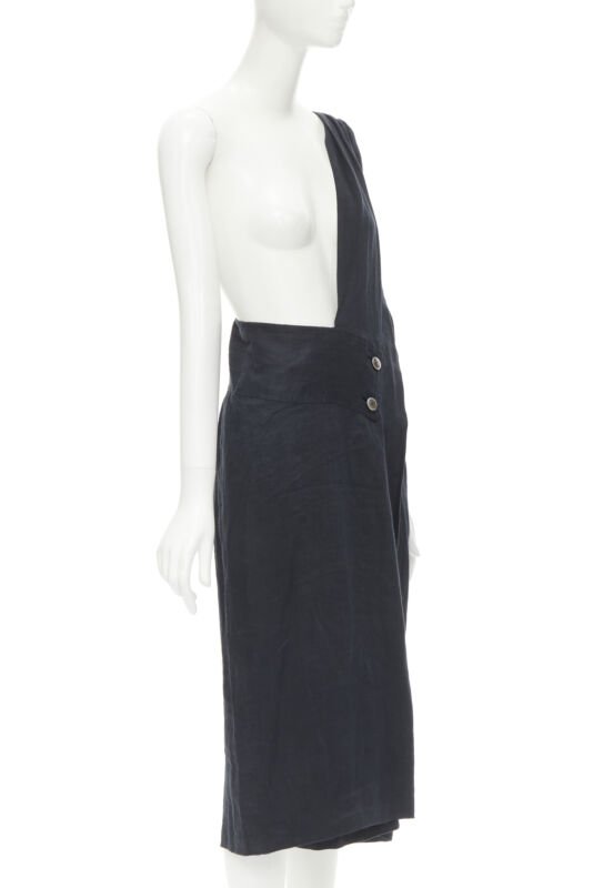 COMME DES GARCONS Vintage black linen one shoulder sash button dungaree skirt S