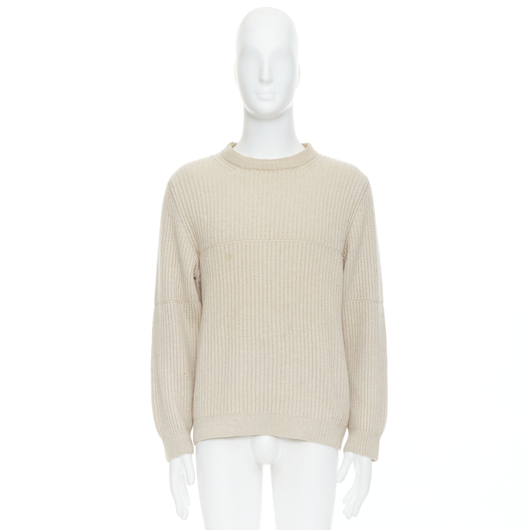 Male mannequin wearing Ermenegildo Zegna Puro Cashmere Beige Cashmere Men Sweater in Size EU48 | Available at JHROP