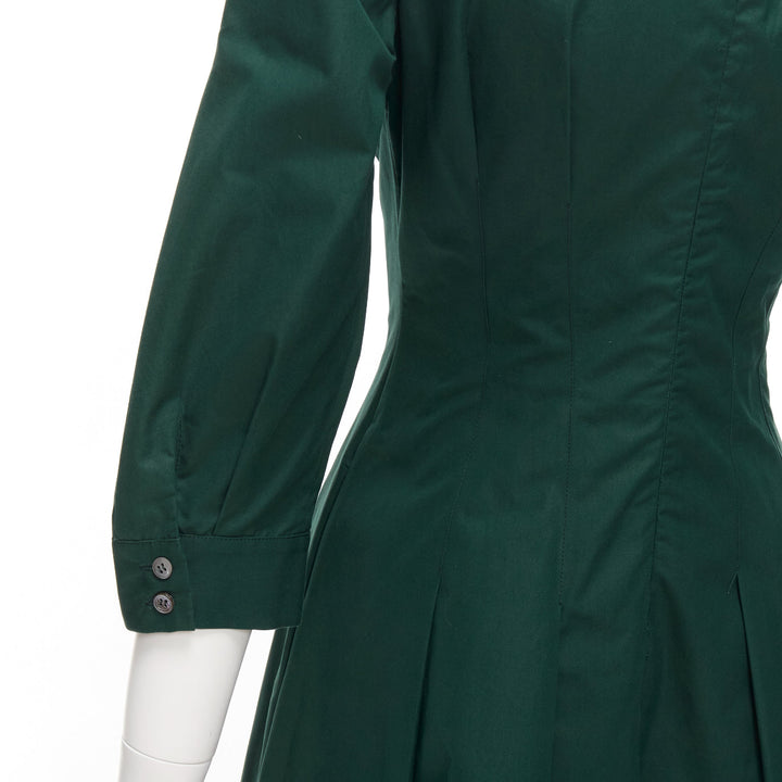 OSCAR DE LA RENTA 2019 green cotton frill trim pleated midi shirt dress US0 XS