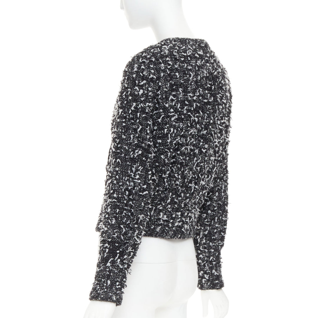 CHANEL 2019 speckle black white tweed collarless CC buttons jacket FR34 XS