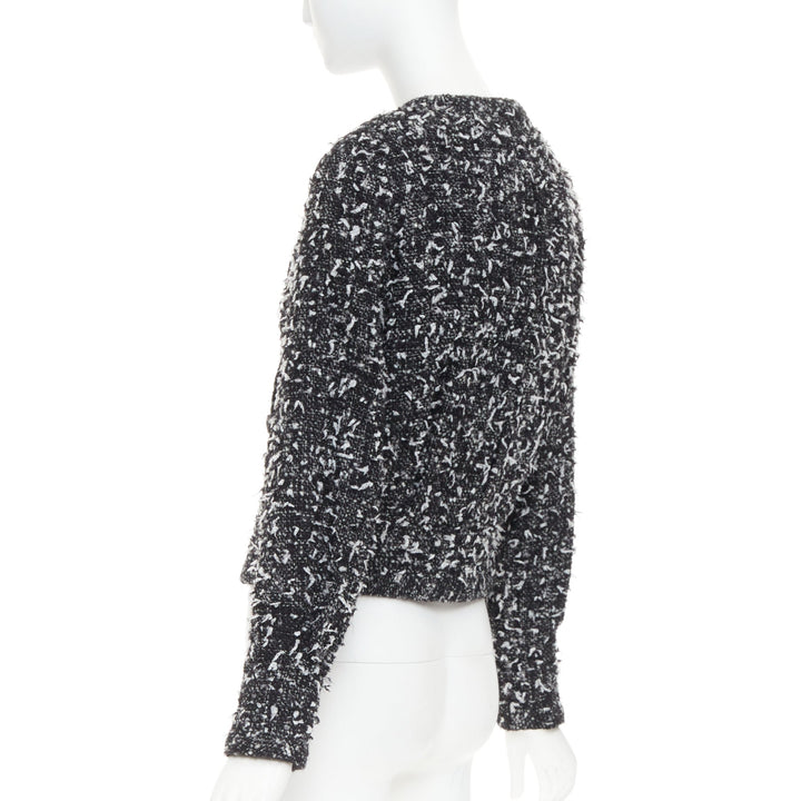 CHANEL 2019 speckle black white tweed collarless CC buttons jacket FR34 XS