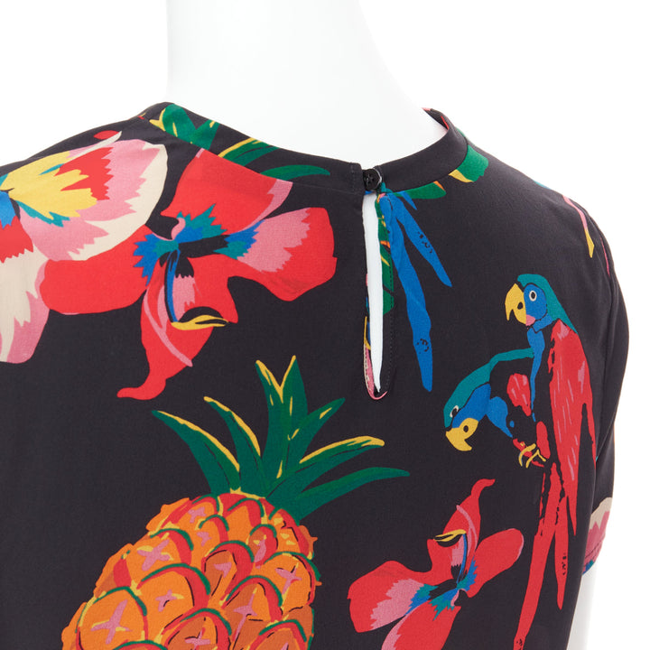 VALENTINO Tropical Couture 100% silk black parrot floral print crew top M
