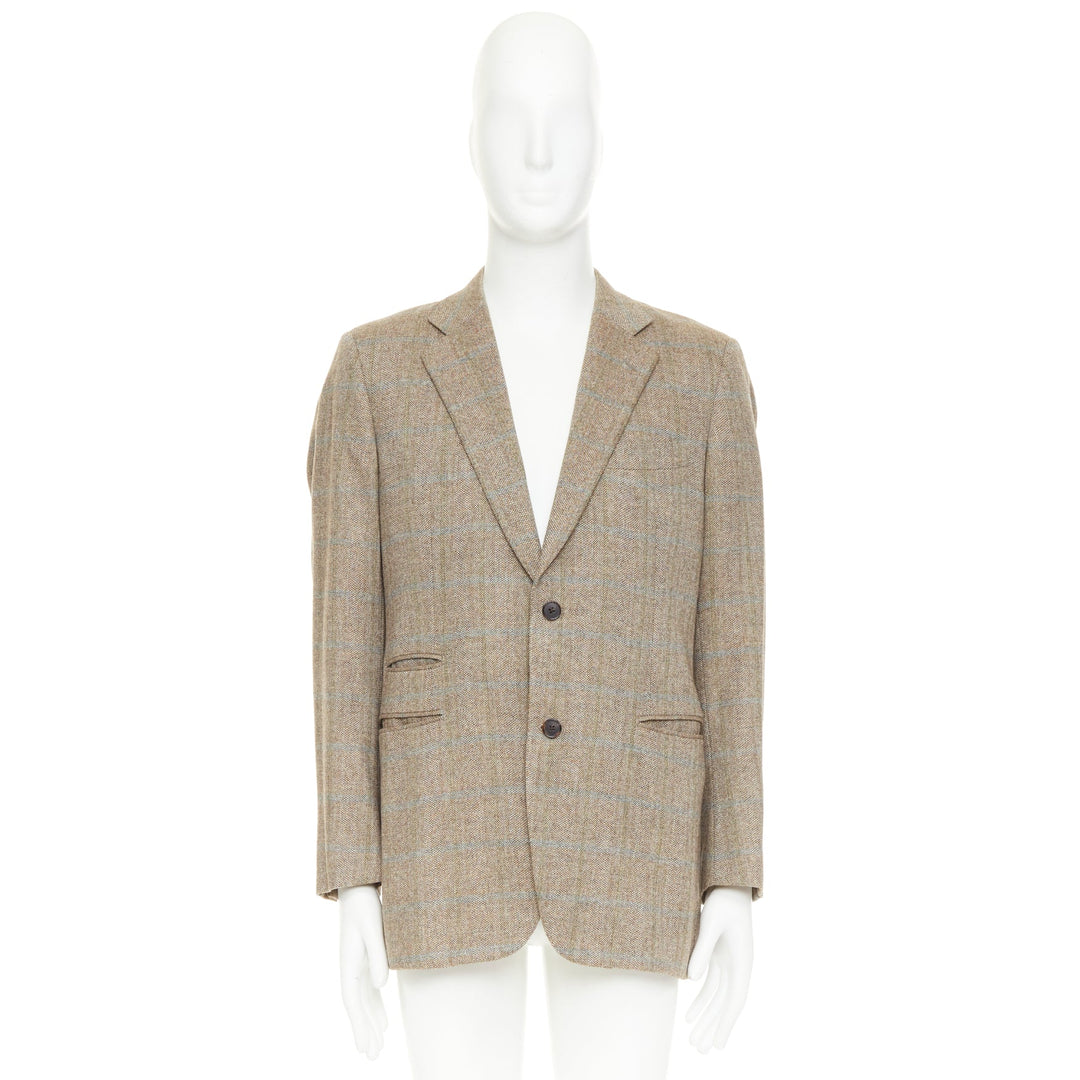 HERMES brown blue wool mohair cashmere checked full canvas blazer EU50 L