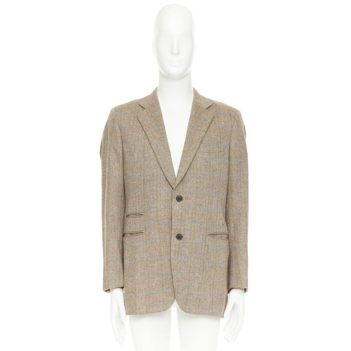 HERMES brown blue wool mohair cashmere checked full canvas blazer EU50 L