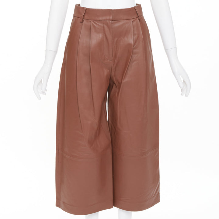 TIBI reddish brown lambskin leather pleated high waisted cropped pants US00 XXS