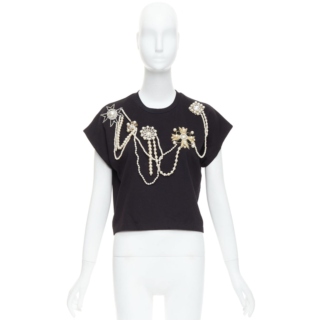 BALMAIN black cotton pearl bead embellished crop tshirt XS