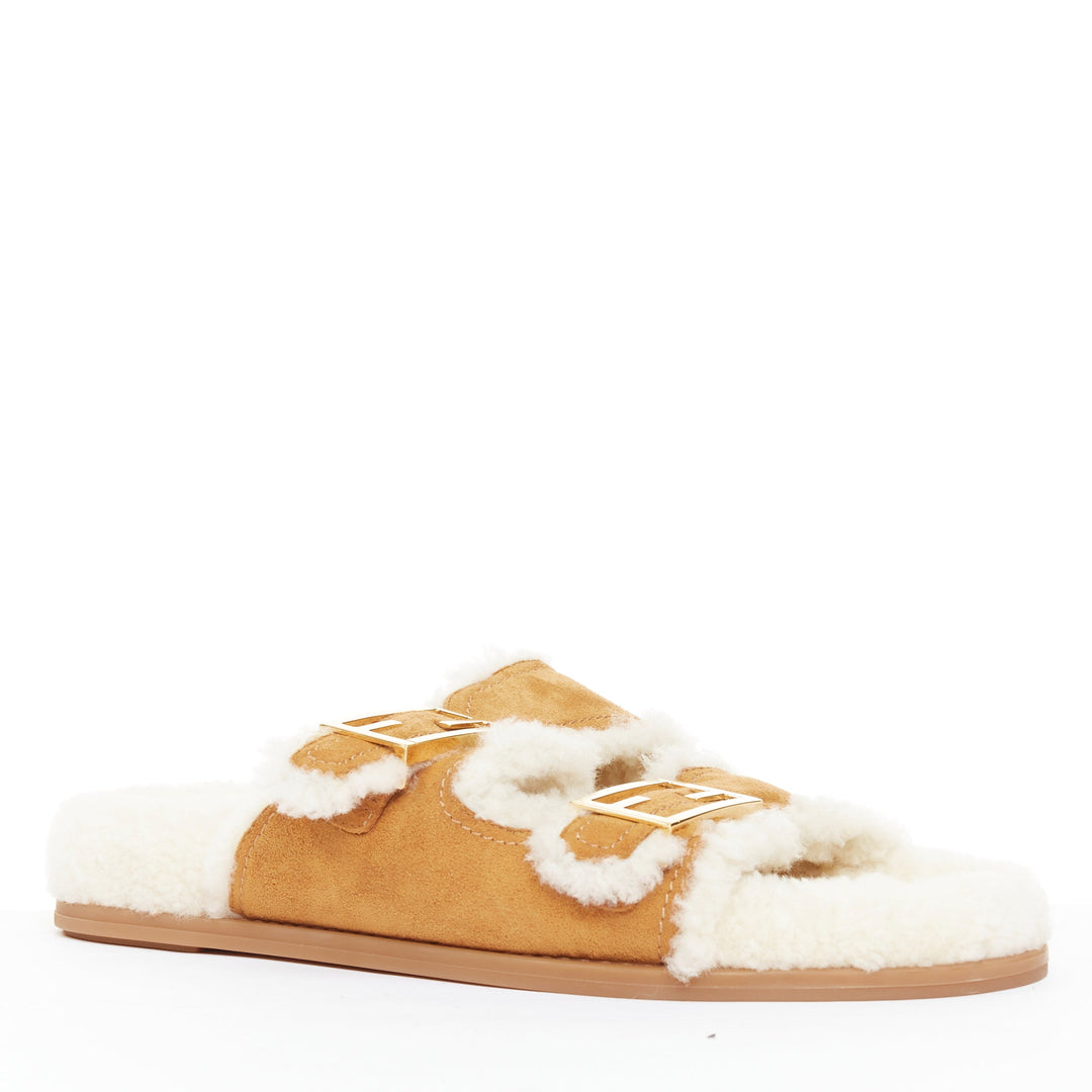 FENDI Feel tan brown suede shearling gold FF buckle sandal slides EU38