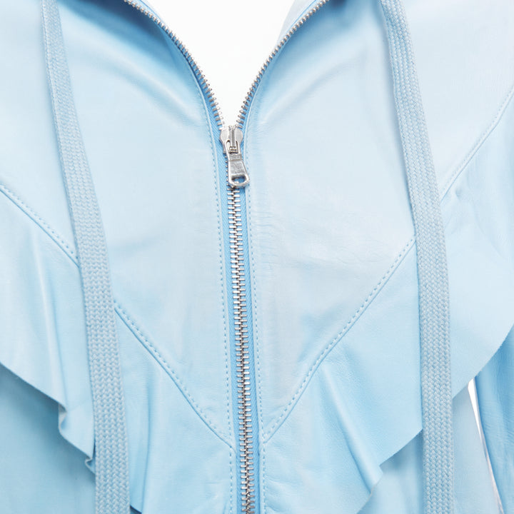 RED VALENTINO powder blue lambskin leather ruffle panel hoodie jacket IT40 S