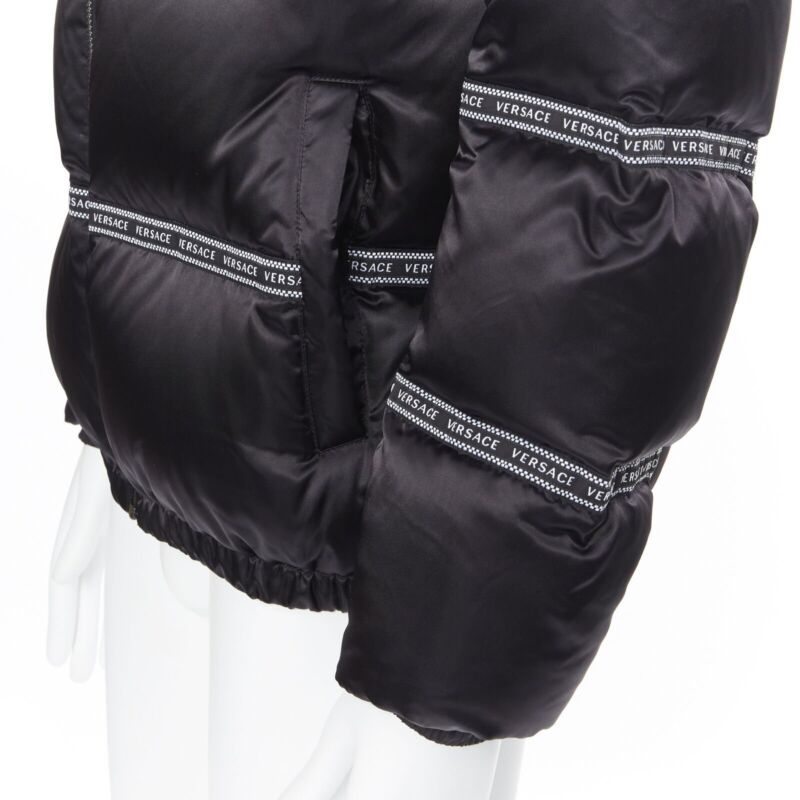 VERSACE Nastro Stampa black logo ribbon goose down padded jacket IT46 S