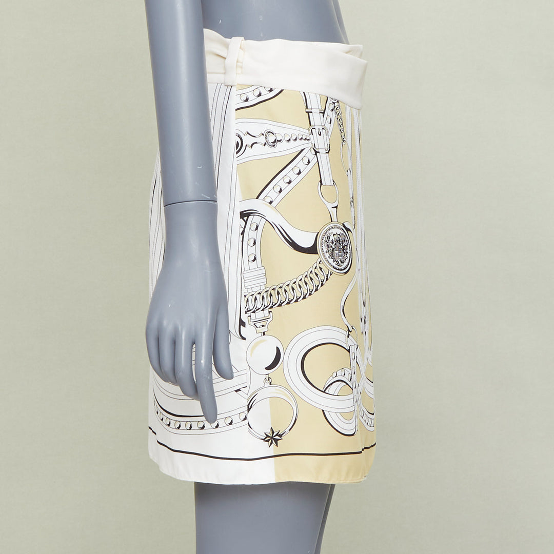 HERMES 100% silk Equestrian Bridle cream silk print wrap skirt FR36 S