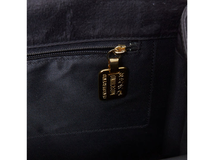 MOSCHINO 1990s Vintage black raw silk pearl gold handle tassel top handle bag