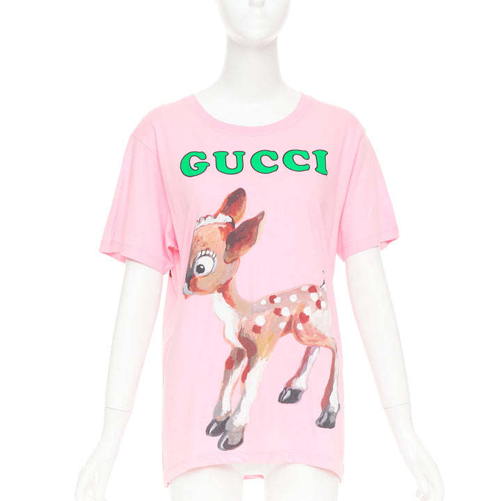GUCCI 2018 pink cotton Fawn Bambi heart print green logo t-shirt XS