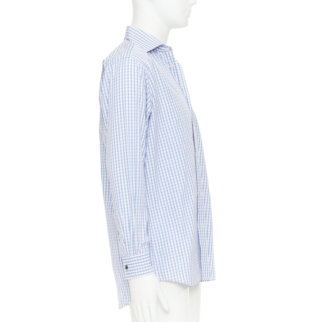 HERMES  blue white checked 100% cotton collared long sleeve shirt EU39 M