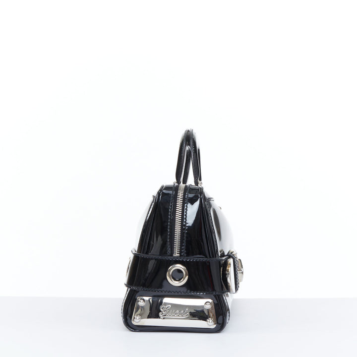 GUCCI 2004 Vintage Tom Ford black patent leather silver buckle grommet bag