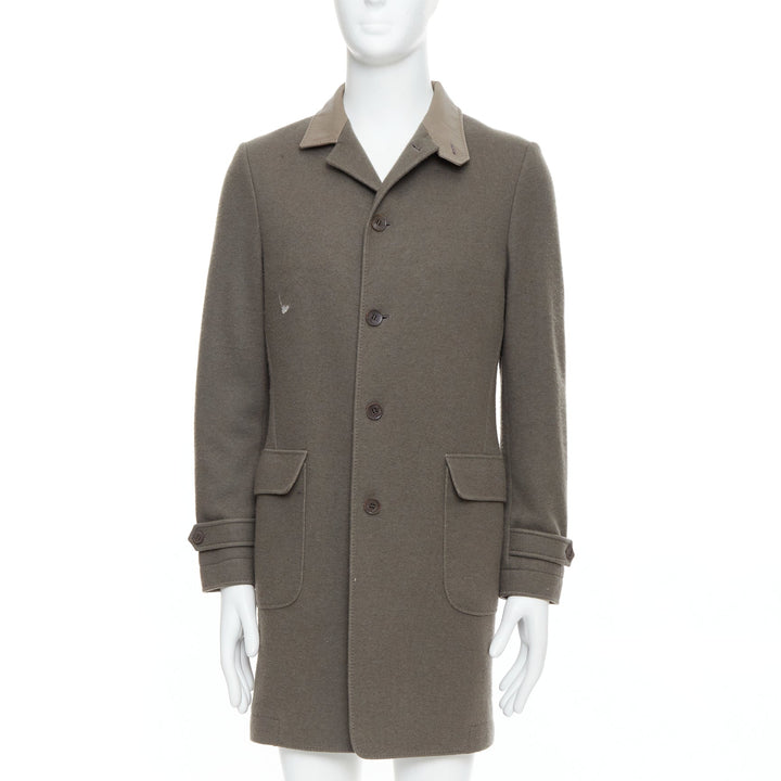 LORO PIANA khaki beige cashmere blend deer leather collar coat S