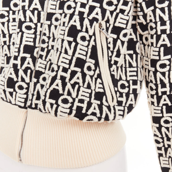 CHANEL 19A Coco Neige embossed monogram jacquard cropped bomber jacket FR34 XS