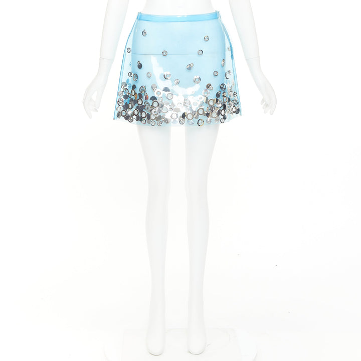 rare MIU MIU sky blue clear PVC silver sequins grommet embellished mini skirt XS