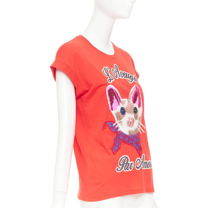 GUCCI L'Aveugle Par Amour red cat embroidered short sleeve t-shirt S