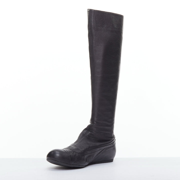 LANVIN black soft leather round toe panelled flat long boots