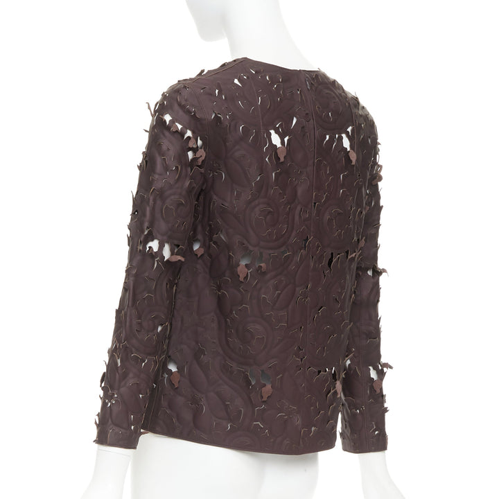 rare CARVEN Cassis brown laser cut lambskin leather floral top FR36