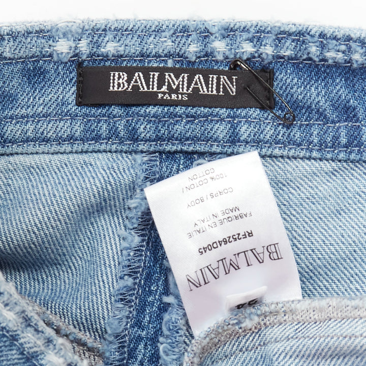 BALMAIN blue distressed denim gold buttons high waisted cargo shorts FR34 XS