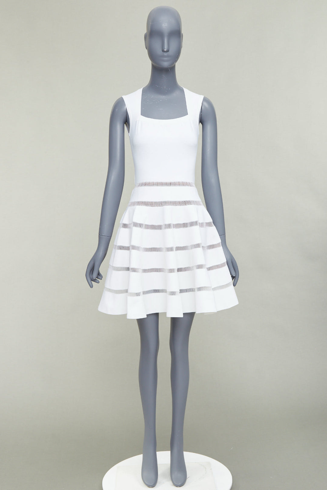 ALAIA ivory viscose blend square neck sheer lattice knit fit flare dress FR36 S