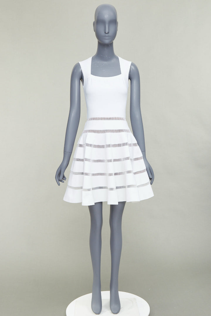 ALAIA ivory viscose blend square neck sheer lattice knit fit flare dress FR36 S
