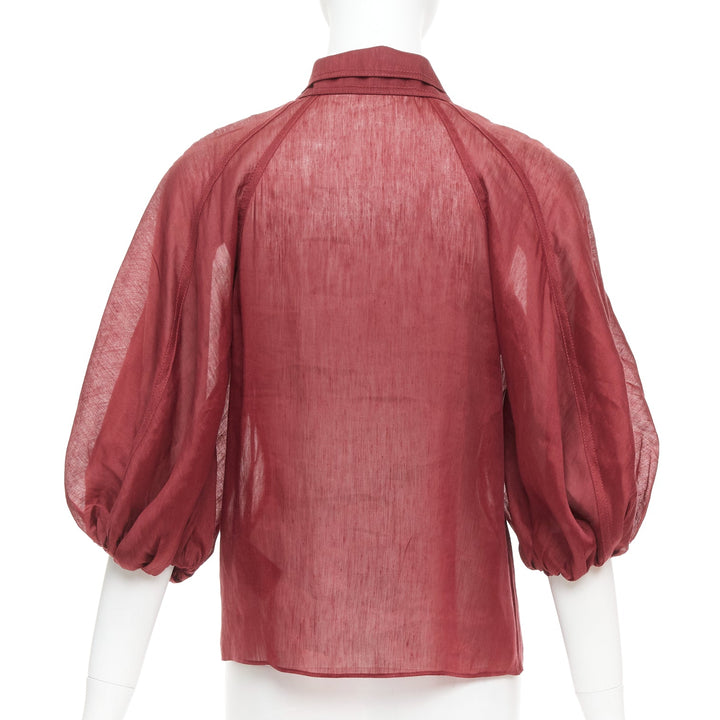 AJE Palms burgundy silk linen puff sleeve raglan multi buttons shirt UK6 XS