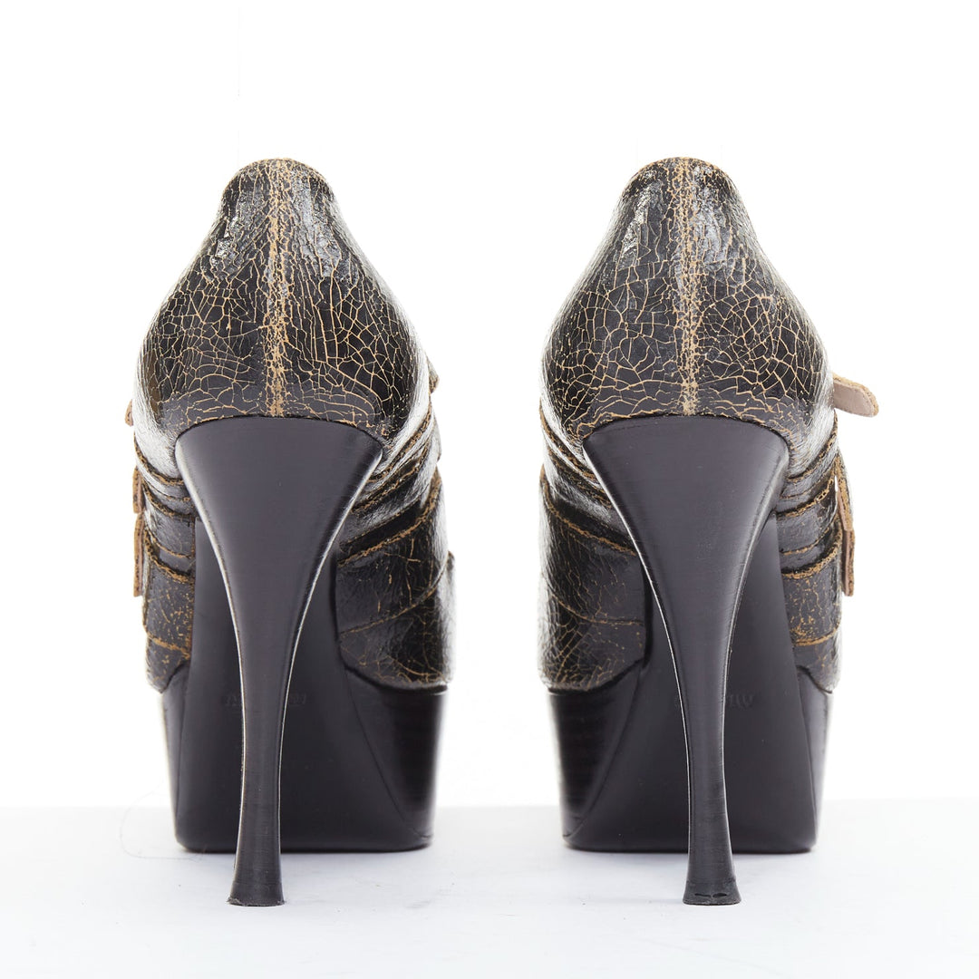 MIU MIU dark brown cracked effect leather triple strap platform heels EU37