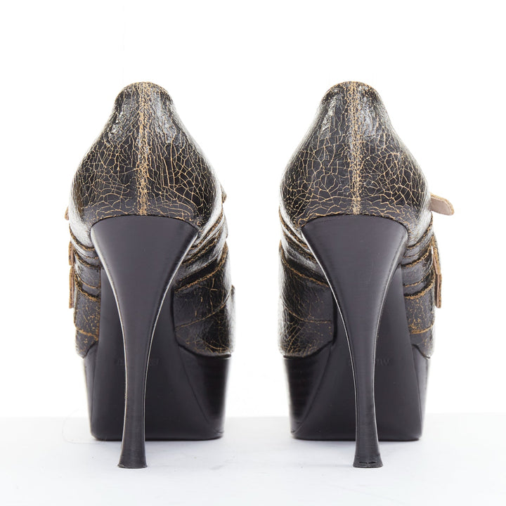MIU MIU dark brown cracked effect leather triple strap platform heels EU37