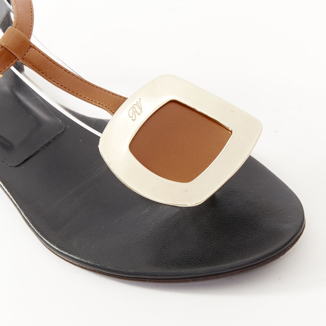 ROGER VIVIER Chips brown leather gold buckle tstrap comfort thong sandals EU37