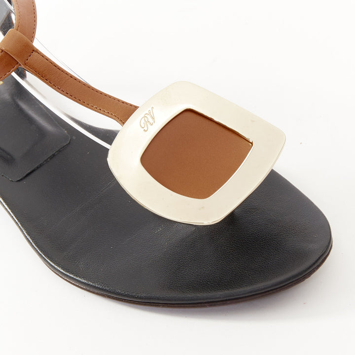 ROGER VIVIER Chips brown leather gold buckle tstrap comfort thong sandals EU37