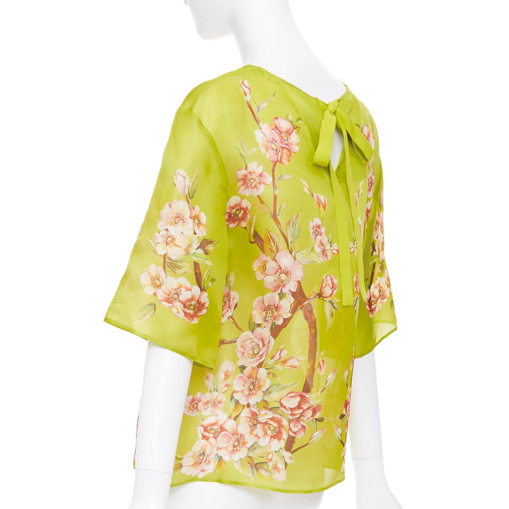 DOLCE GABBANA 100% silk green pink blossom print half sleeve blouse IT40 S
