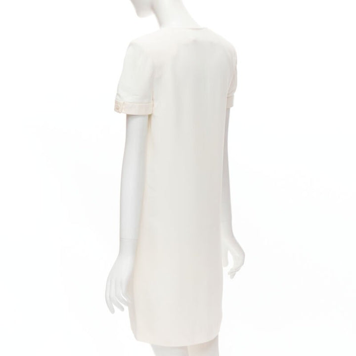 SAINT LAURENT 2013 Hedi Slimane ivory crepe leather trimmed V-neck dress FR36 S