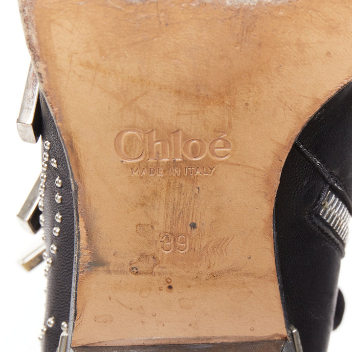 CHLOE Susanna black leather silver studded buckles rock grunge boots EU39