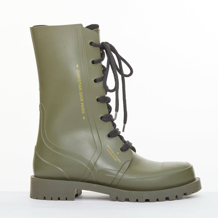 CHRISTIAN DIOR 2019 Runway Diorcamp matte khaki green rubber combat boots EU39