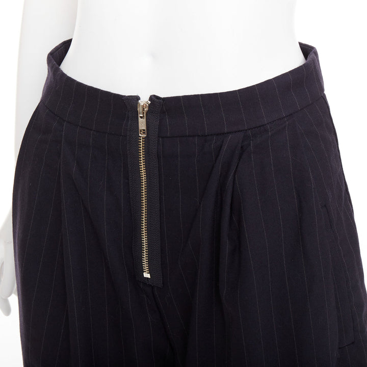 REFORMATION navy pinstripe surplus fabric silver zip fly wide pants US0 XS
