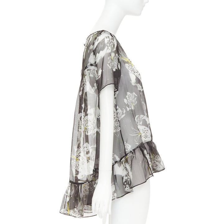 ERDEM 100% silk black yellow sheer floral waterfall frill babydoll top UK10 M