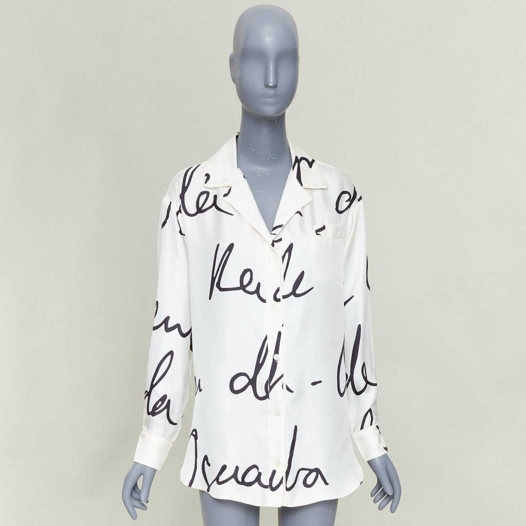 OSCAR DE LA RENTA C21 Runway black cursive script print white silk shirt top XS