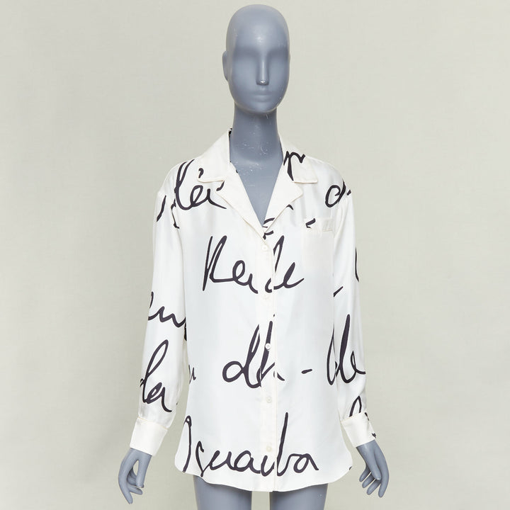 OSCAR DE LA RENTA C21 Runway black cursive script print white silk shirt top XS