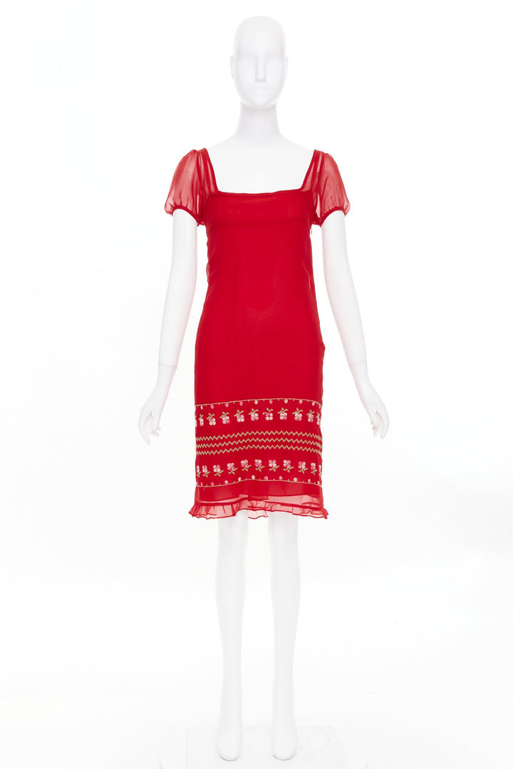 JILL STUART red sheer silk embroidered puff sleeve square neck mini dress US2 S
