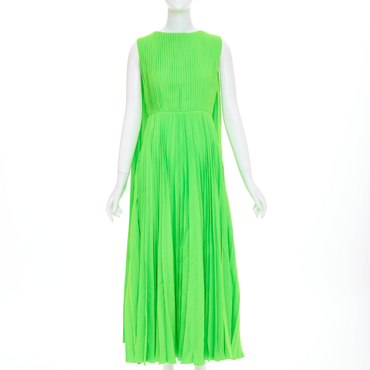 VALENTINO 2019 neon green accordion pleated caped shoulder crepe dress IT40 S