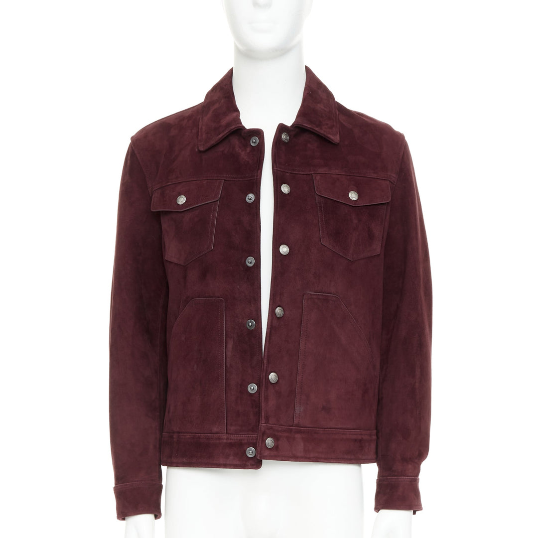 TOM FORD burgundy suede calf logo buttons Western trucker jacket IT50 L