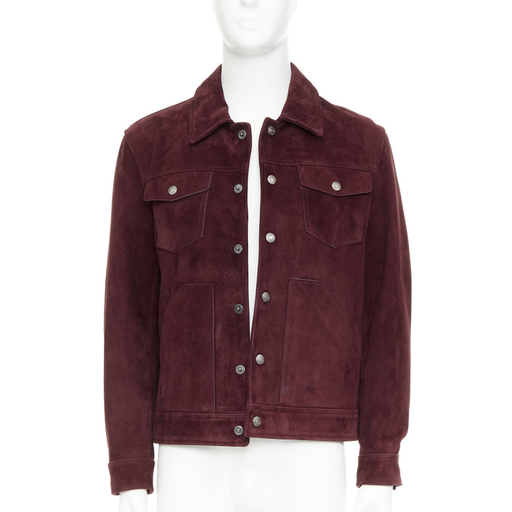 TOM FORD burgundy suede calf logo buttons Western trucker jacket IT50 L