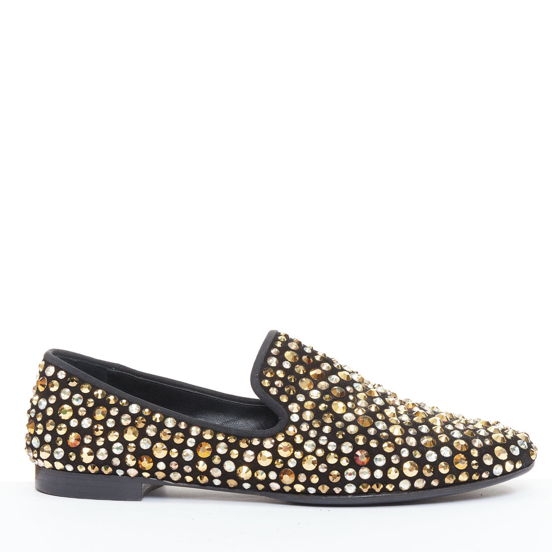 GIUSEPPE ZANOTTI Kevin black suede gold silver Swarovski crystal loafers EU43