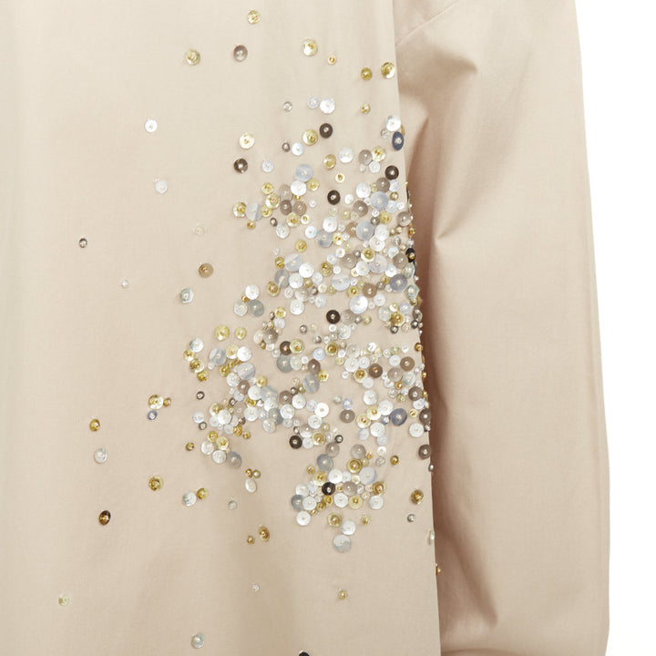 DRIES VAN NOTEN 2024 Casia beige sequin bead embellished cotton shirt M