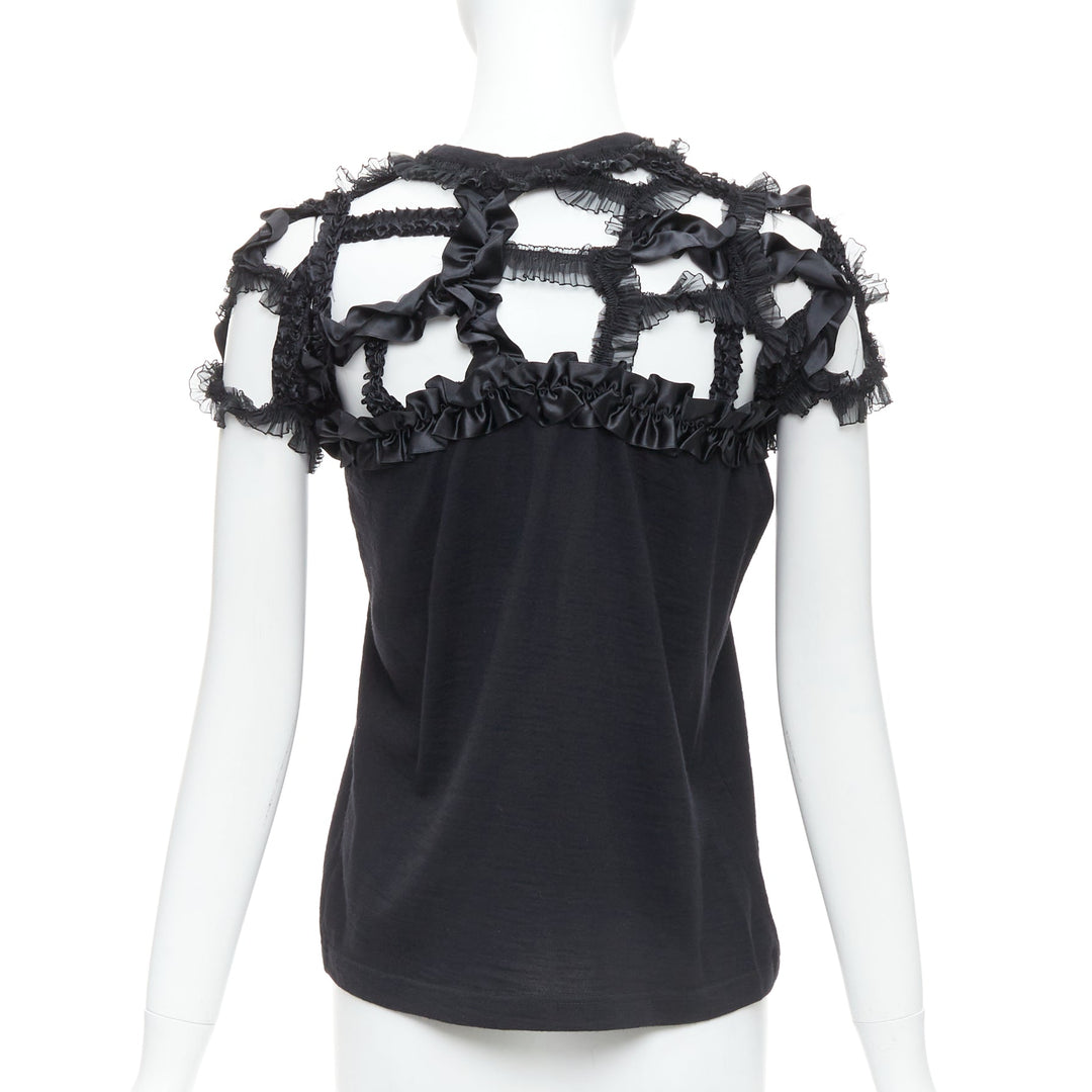 COMME DES GARCONS 2008 black wool ruffle cut out crew top S